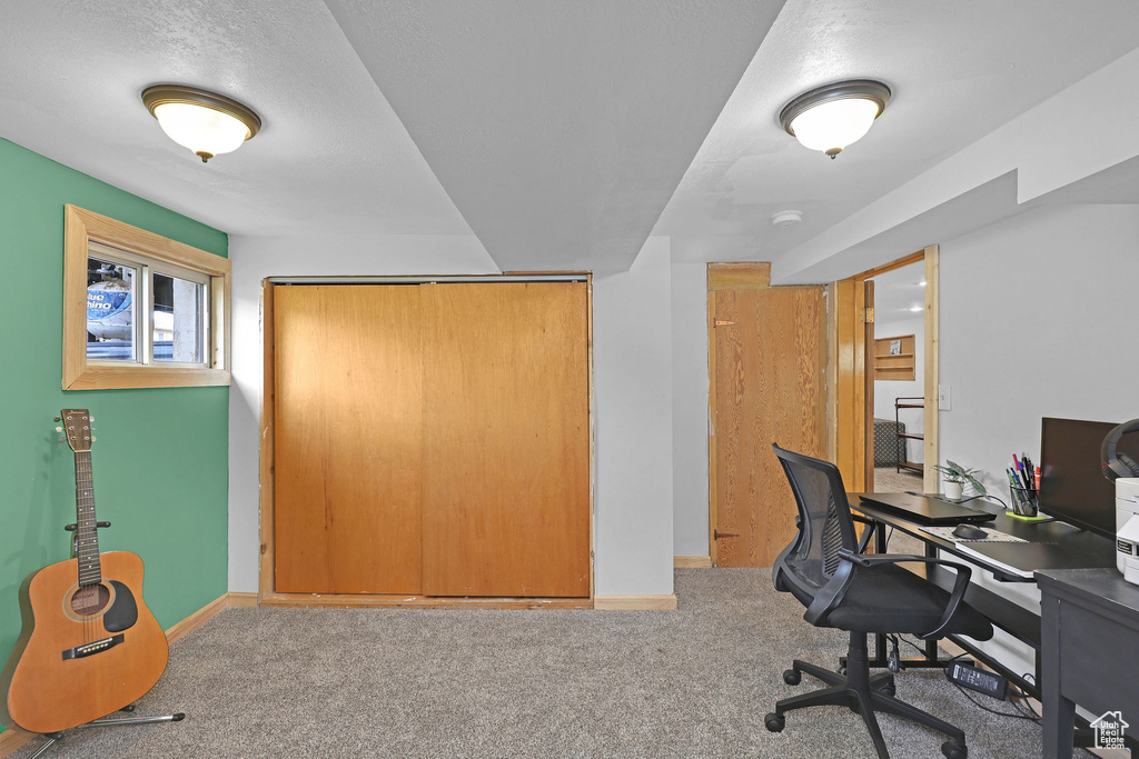 Carpeted home office with baseboards