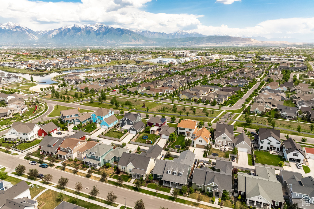 Aerial view of residential area with a water and mountain view