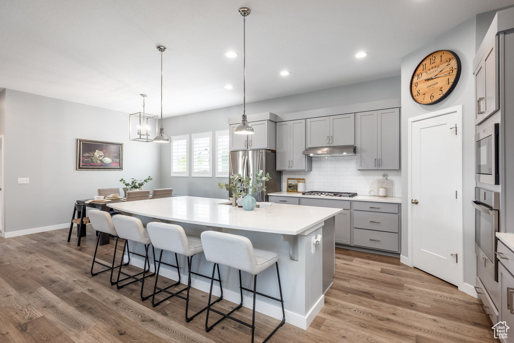Kitchen with gray cabinetry, stainless steel appliances, under cabinet range hood, a kitchen island, and a breakfast bar