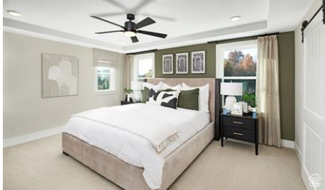Bedroom with light colored carpet, baseboards, a tray ceiling, and a barn door