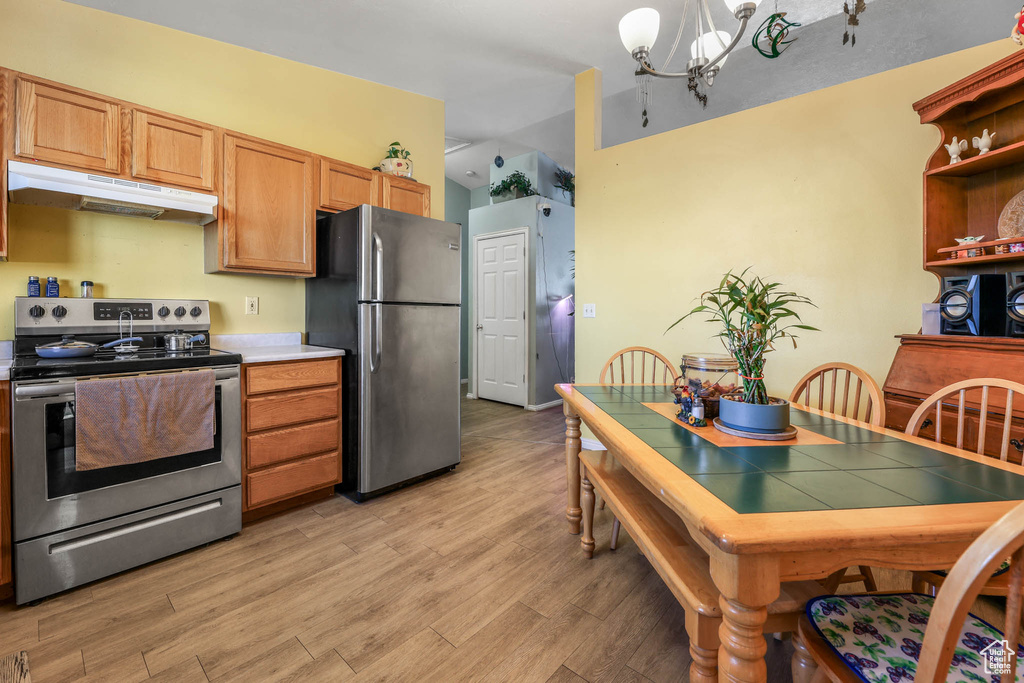 Kitchen featuring appliances with stainless steel finishes, under cabinet range hood, a chandelier, light wood-style floors, and open shelves