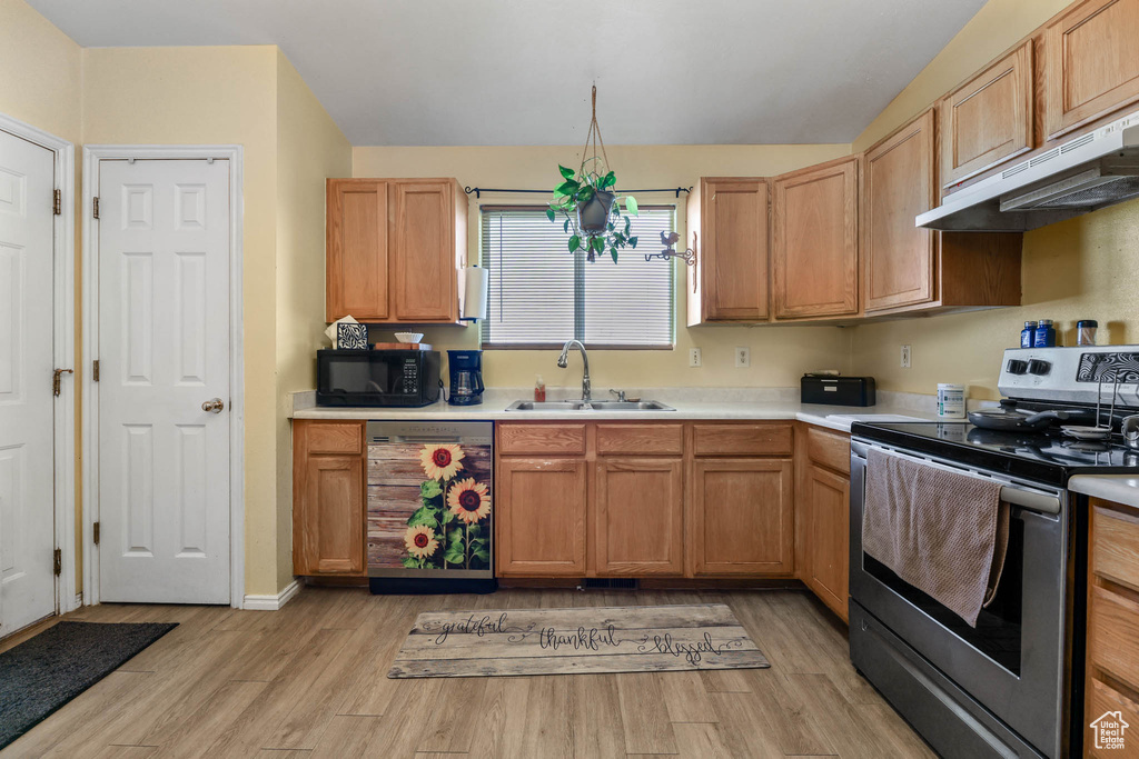 Kitchen with stainless steel electric stove, dishwasher, a sink, black microwave, and under cabinet range hood