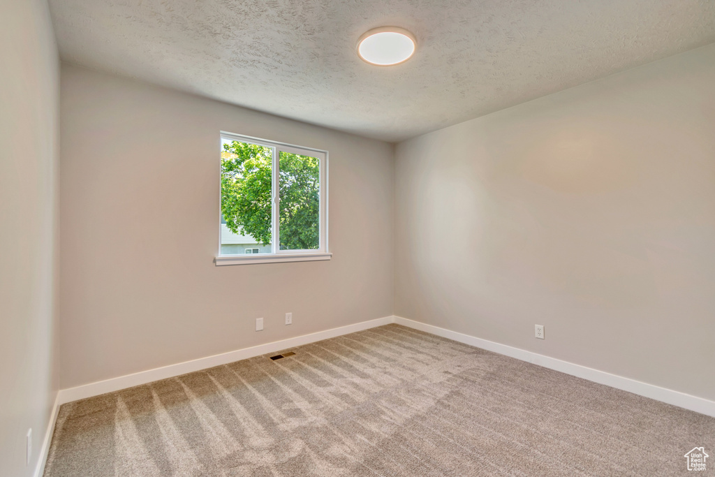 Empty room featuring a textured ceiling, baseboards, and carpet floors