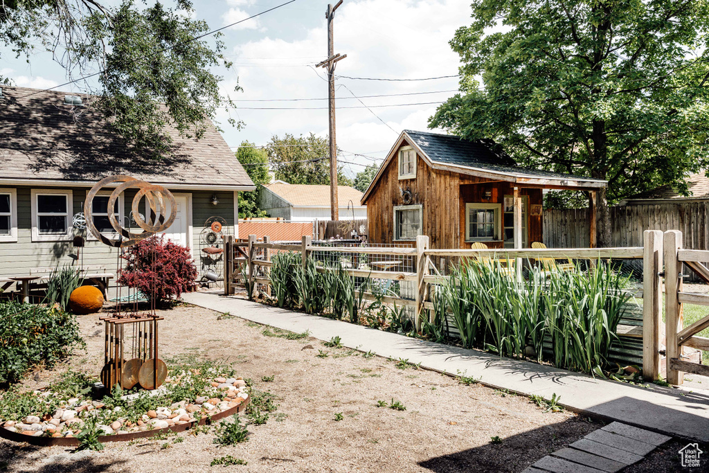Fenced yard featuring an outdoor structure and a gate