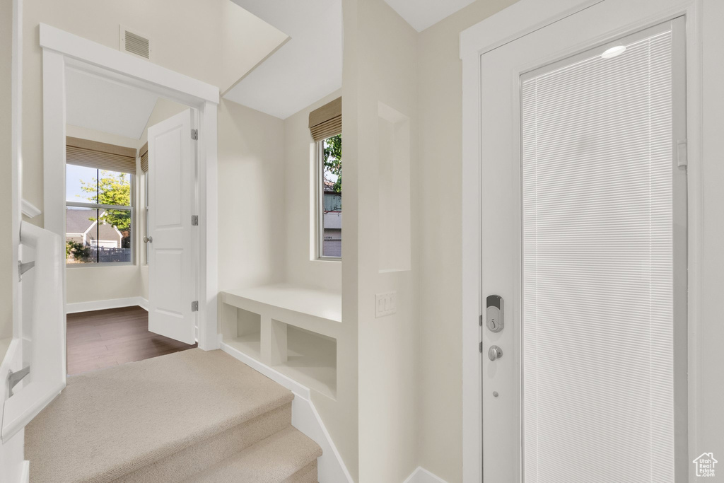 Mudroom featuring plenty of natural light, baseboards, and dark wood-type flooring