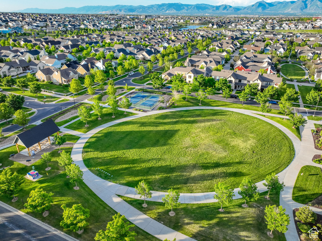 Aerial view of residential area with mountains