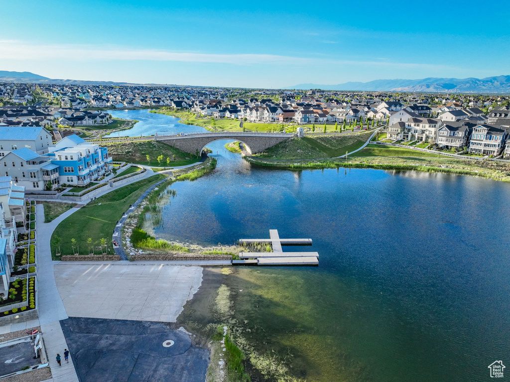 Aerial view of residential area with a water and mountain view
