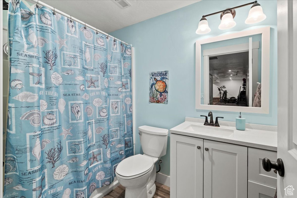 Full bathroom featuring toilet, vanity, baseboards, and a shower with curtain