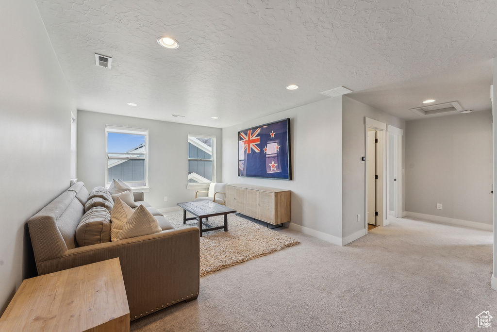 Carpeted living room with a textured ceiling, attic access, baseboards, and recessed lighting