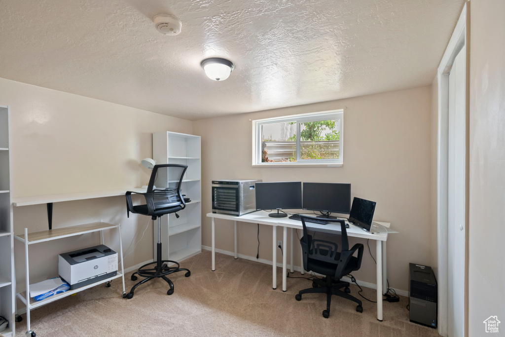 Carpeted home office with baseboards and a textured ceiling