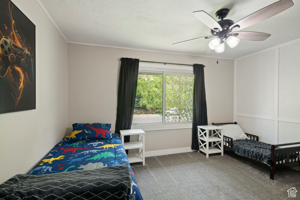 Carpeted bedroom with crown molding, ceiling fan, and baseboards