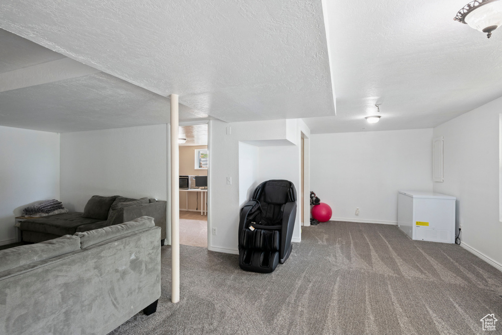 Living area with carpet floors, a textured ceiling, and baseboards