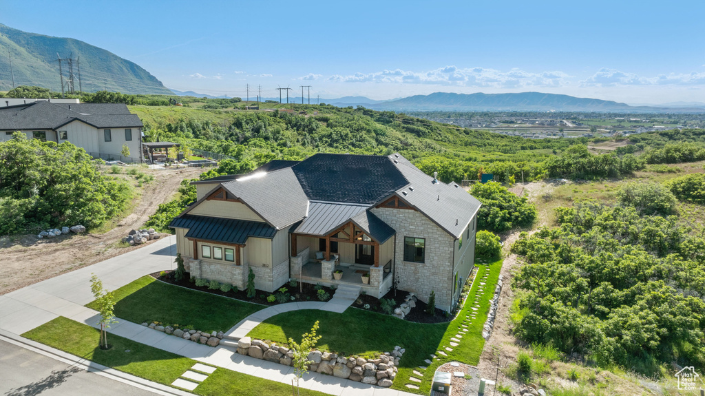 View from above of property featuring mountains