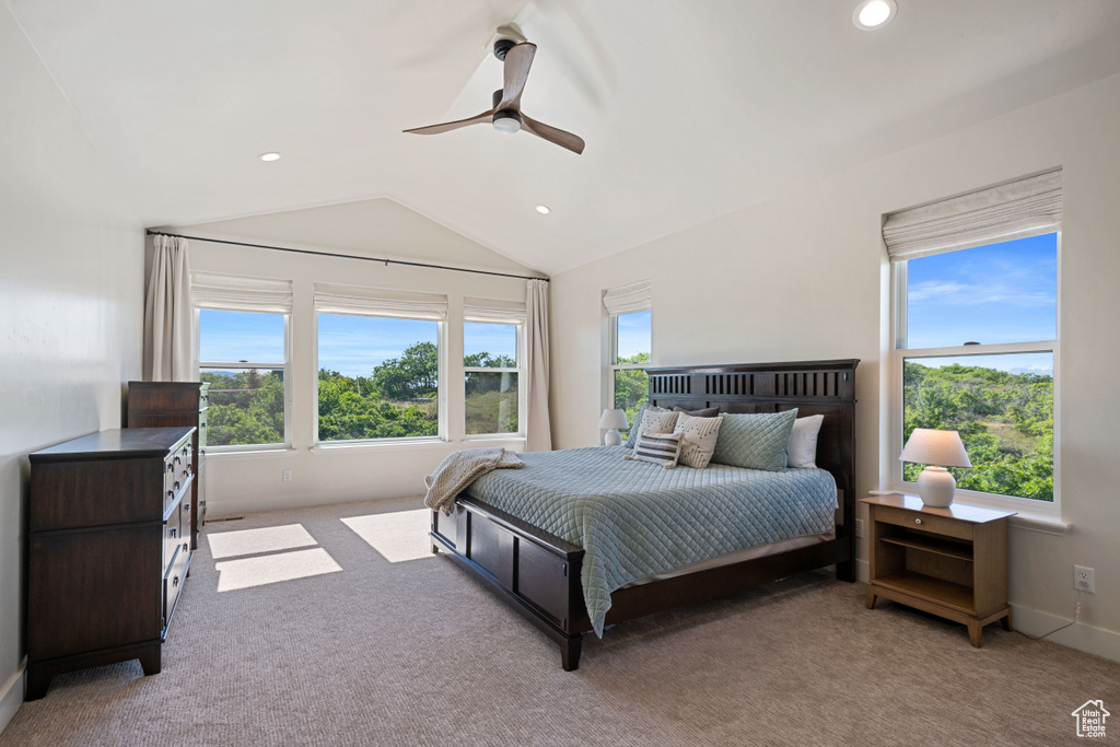 Bedroom with carpet floors, lofted ceiling, recessed lighting, a ceiling fan, and baseboards