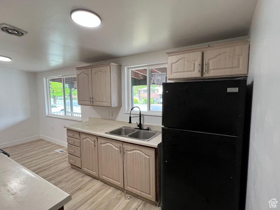 Kitchen featuring freestanding refrigerator, a sink, light wood-type flooring, light countertops, and light brown cabinetry