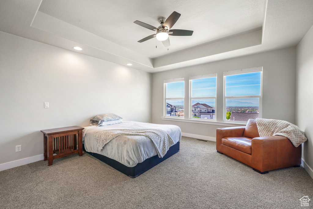 Bedroom featuring a tray ceiling, carpet flooring, baseboards, and recessed lighting