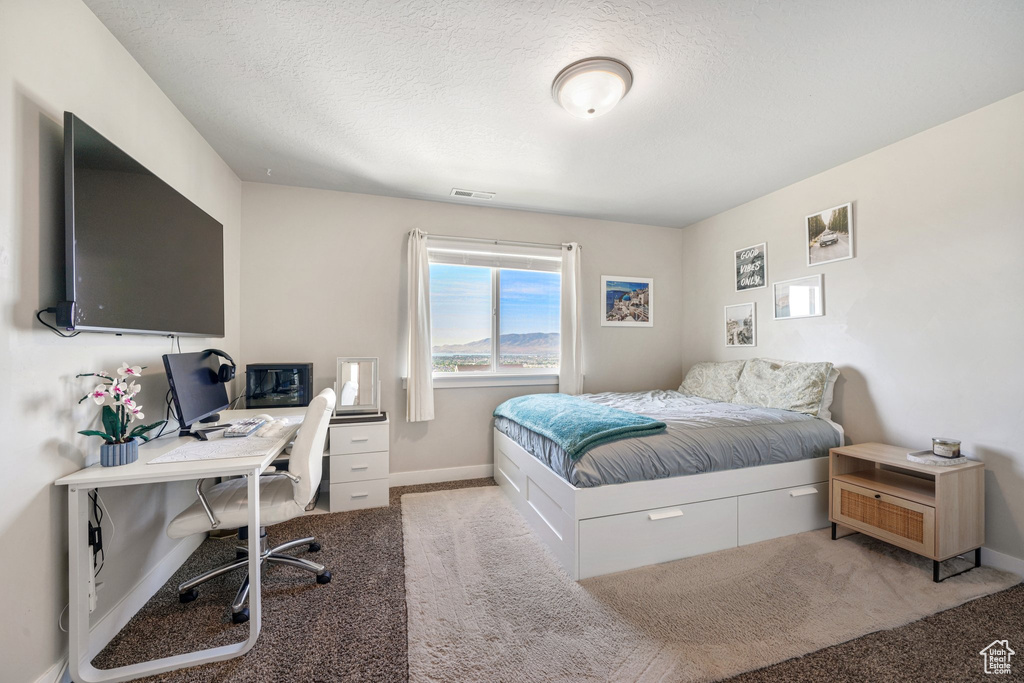 Bedroom featuring carpet floors, baseboards, a desk, and a textured ceiling