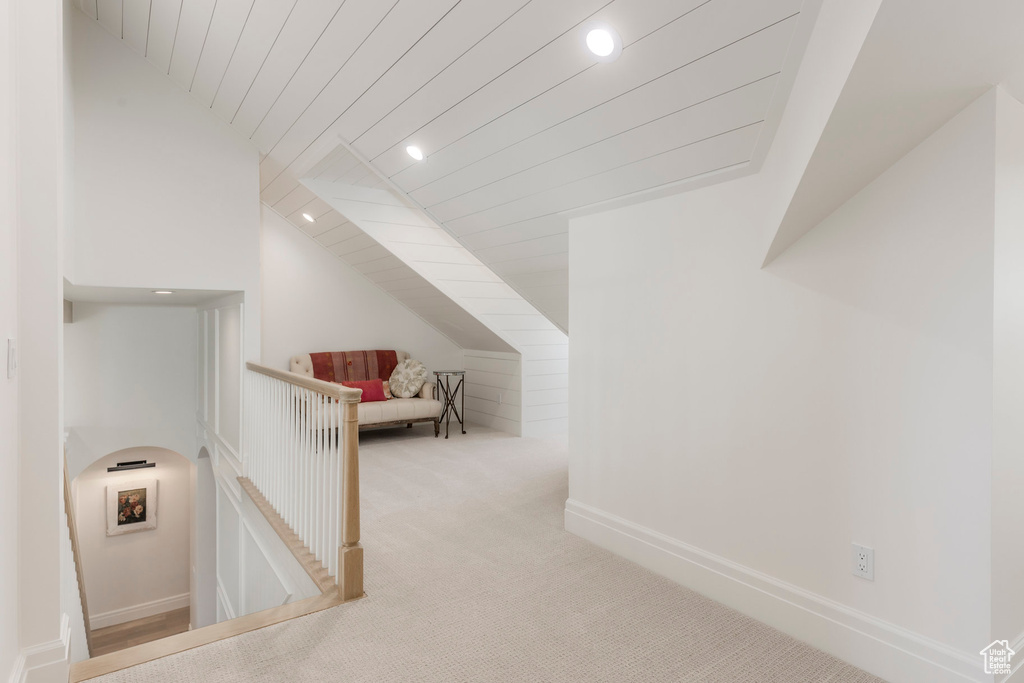 Bonus room featuring vaulted ceiling, carpet flooring, recessed lighting, and wood ceiling
