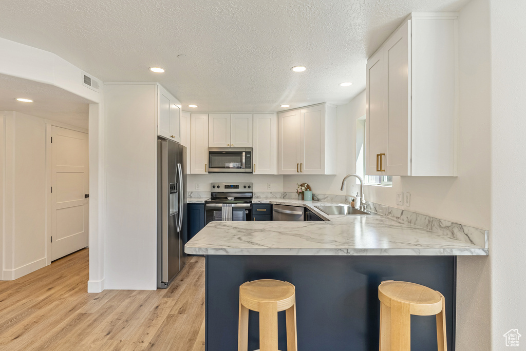 Kitchen featuring stainless steel appliances, a sink, light countertops, light wood-type flooring, and a peninsula