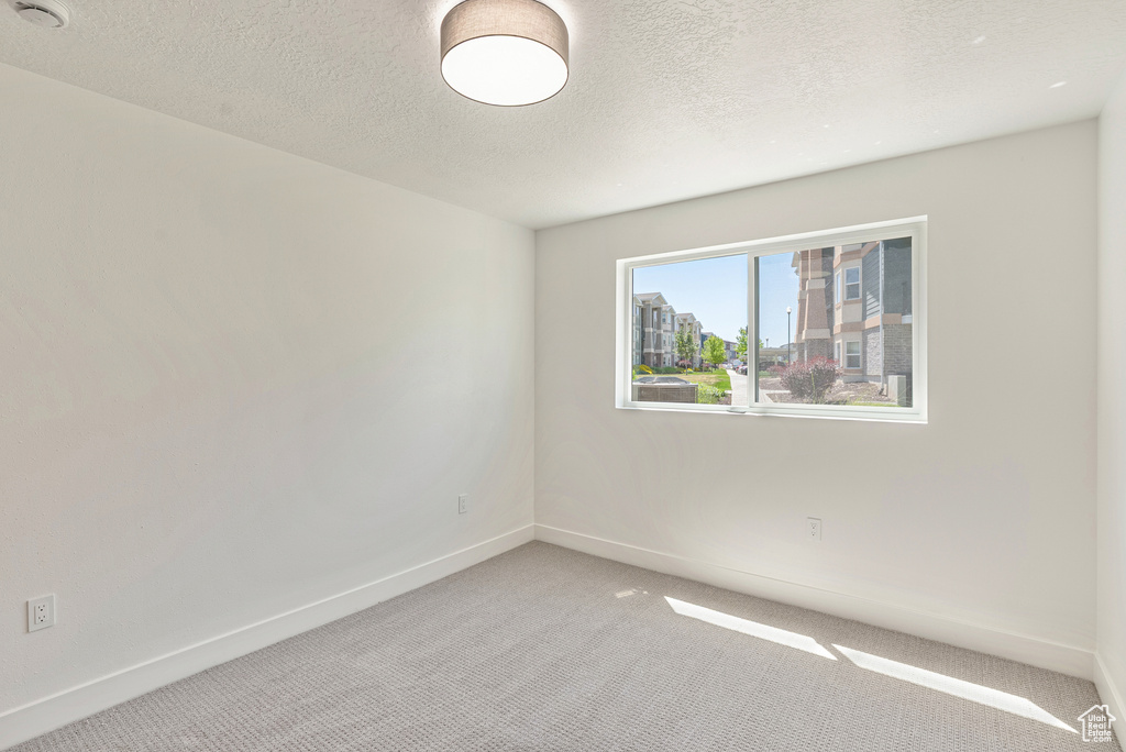 Empty room featuring light colored carpet, baseboards, a textured ceiling, and a smoke detector