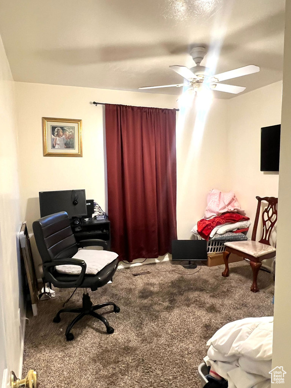 Carpeted bedroom with an office area and ceiling fan