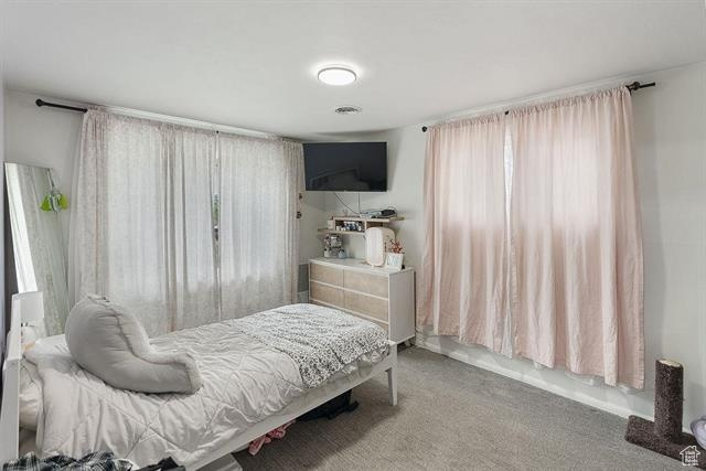 Bedroom with multiple windows and carpet