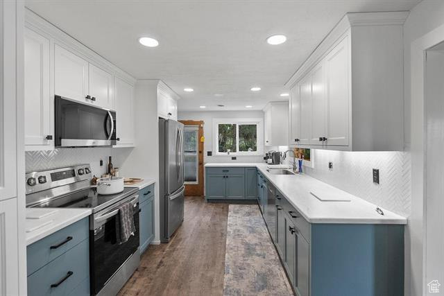 Kitchen with stainless steel appliances, a sink, dark wood finished floors, white cabinets, and decorative backsplash