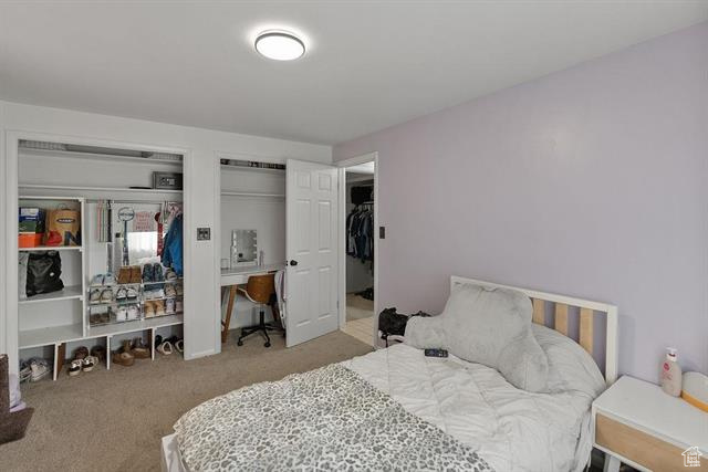 Bedroom featuring carpet flooring and multiple closets