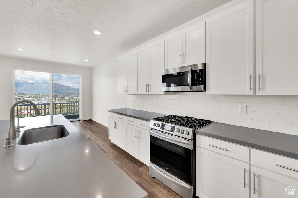 Kitchen featuring stainless steel appliances, a sink, dark wood-style floors, tasteful backsplash, and white cabinetry