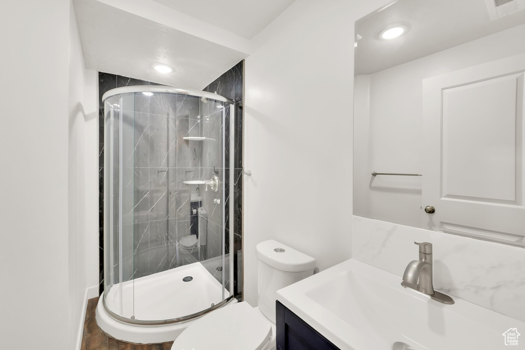 Bathroom with toilet, a shower stall, and vanity