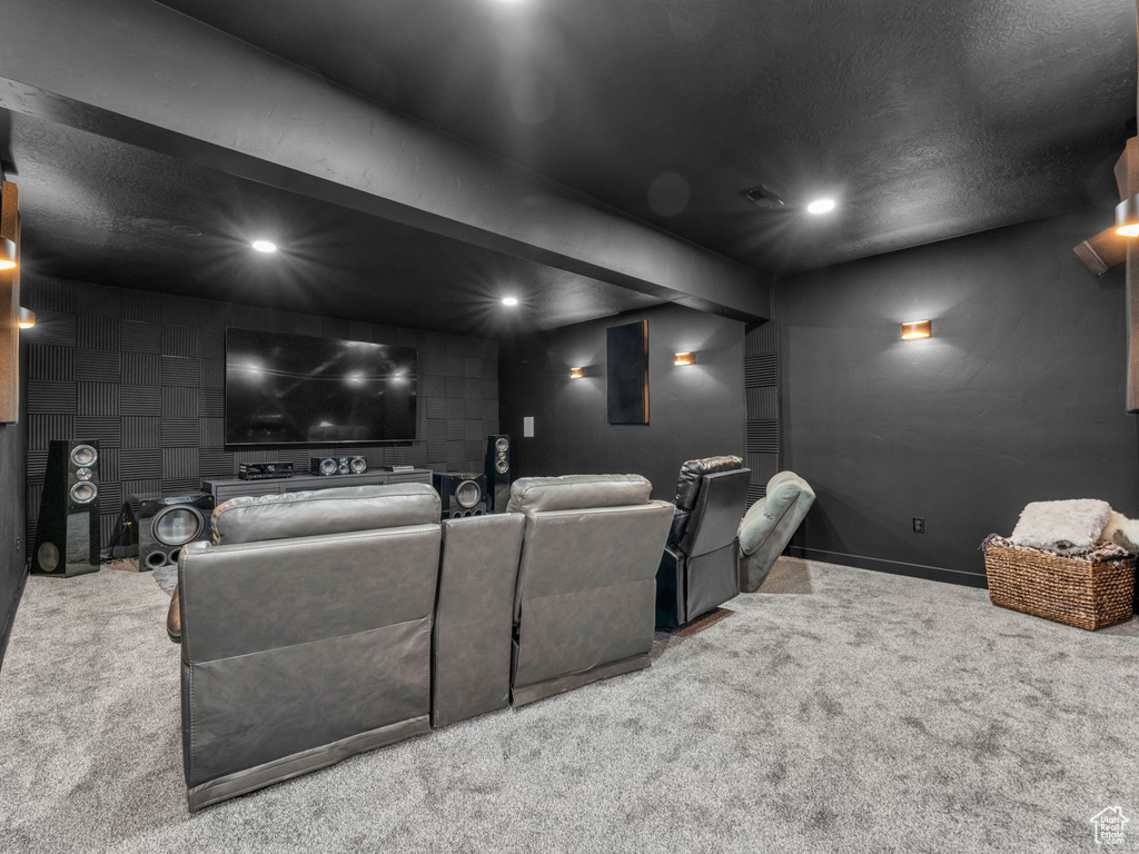 Home theater with carpet and recessed lighting
