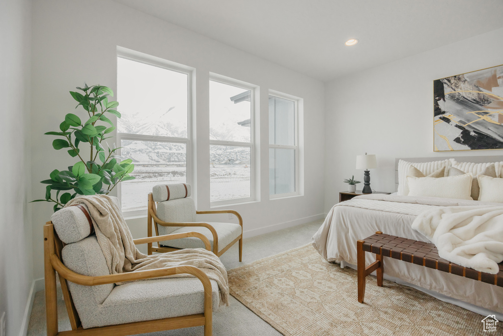 Carpeted bedroom with baseboards and recessed lighting