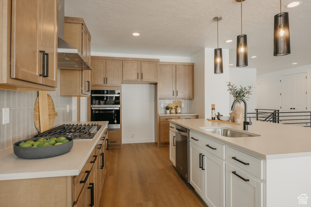 Kitchen with a sink, appliances with stainless steel finishes, tasteful backsplash, light countertops, and light wood-style floors