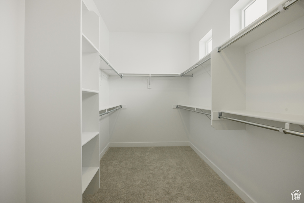 Walk in closet with light colored carpet