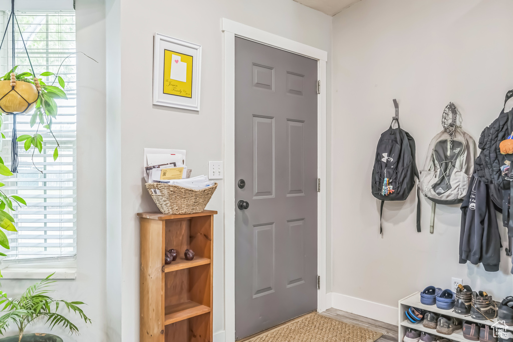 Entryway with baseboards and wood finished floors