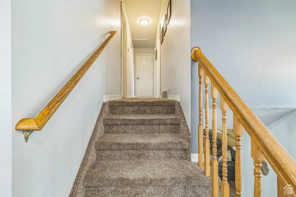 Stairs featuring carpet floors and baseboards