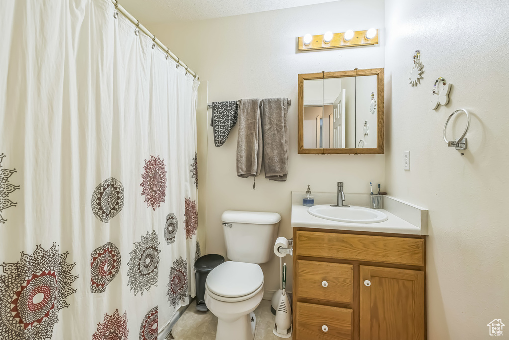 Full bathroom featuring vanity, toilet, and a shower with curtain