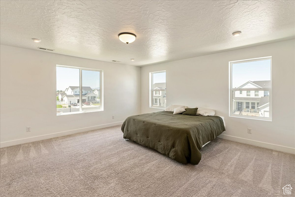 Bedroom featuring baseboards, a textured ceiling, and light carpet