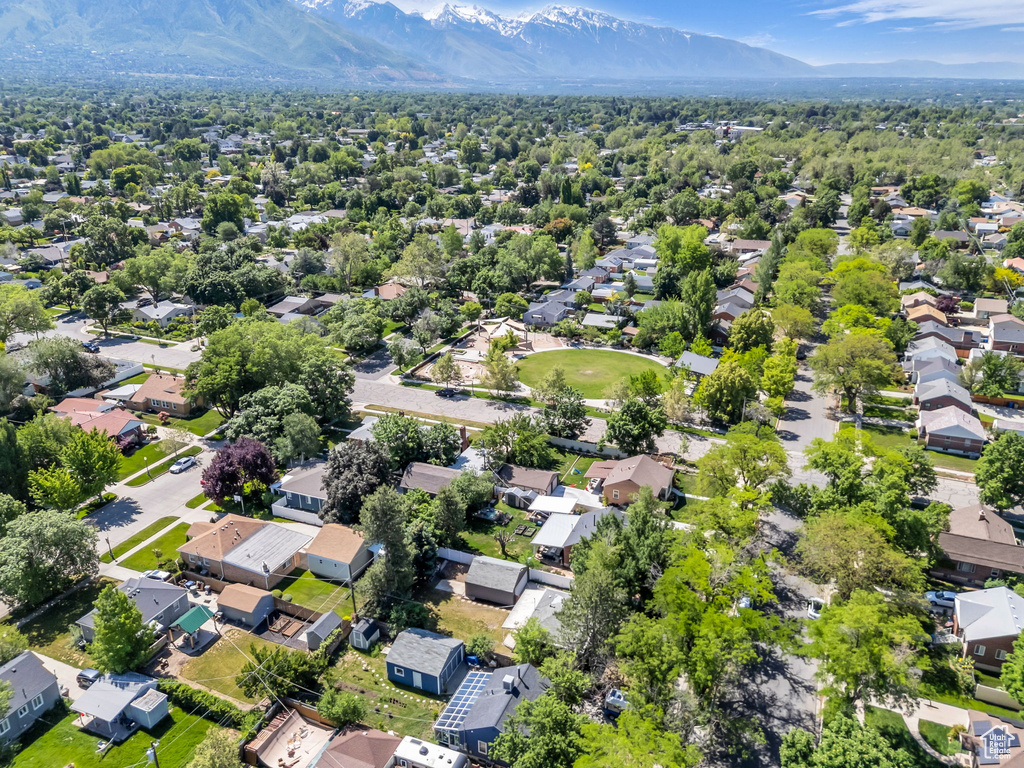 Aerial view of residential area with mountains