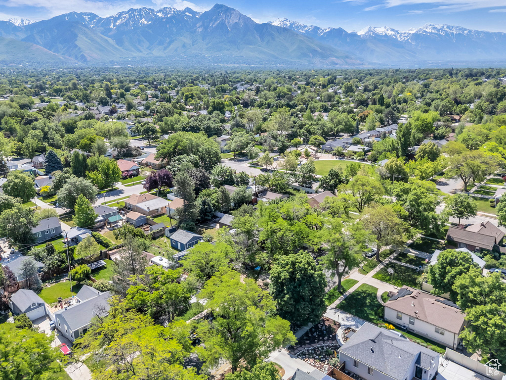Aerial view of residential area with mountains