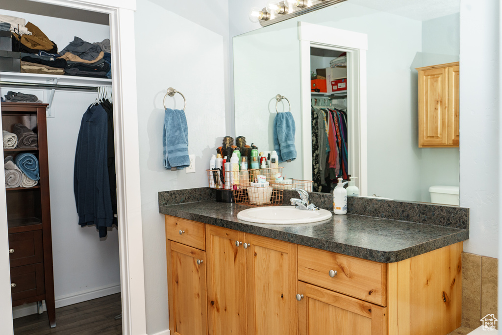 Bathroom with vanity, a walk in closet, wood finished floors, and toilet