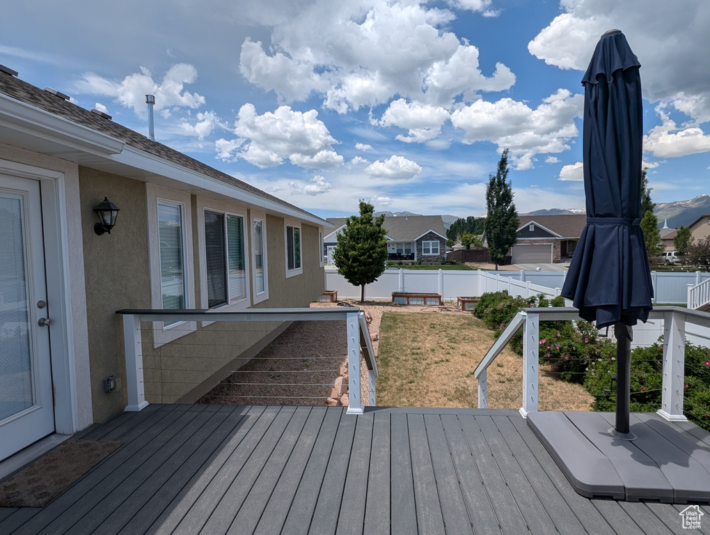 Wooden deck featuring a residential view