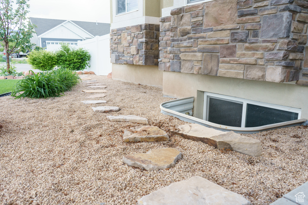 Exterior view of stone siding and stucco siding