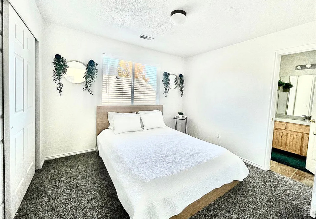 Carpeted bedroom featuring a textured ceiling, a sink, connected bathroom, baseboards, and a closet