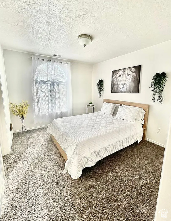 Bedroom with carpet flooring, baseboards, and a textured ceiling
