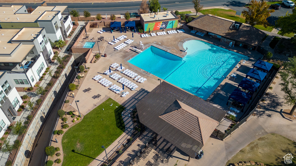 Drone / aerial view of a pool area