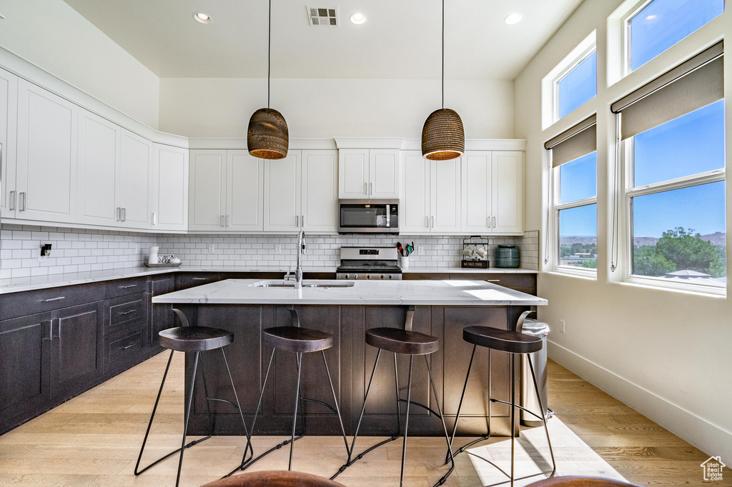 Kitchen with appliances with stainless steel finishes, a sink, white cabinetry, a kitchen breakfast bar, and backsplash