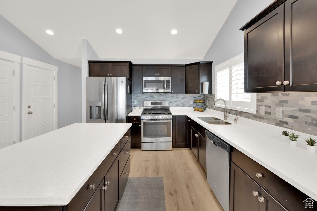 Kitchen with stainless steel appliances, vaulted ceiling, light wood-style floors, light countertops, and dark brown cabinets