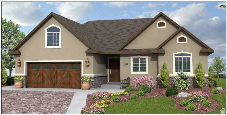 View of front of property with driveway, stucco siding, roof with shingles, and stone siding