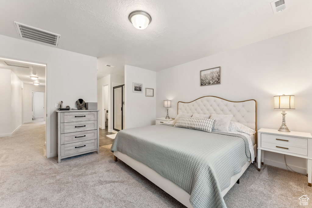 Bedroom with light colored carpet